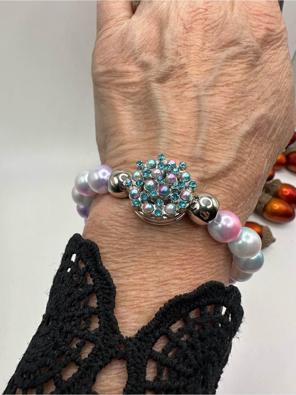Snap Jewelry Pastel Colors Pearl Bracelet & 18mm Blue Stones & Pearl Ginger Snap